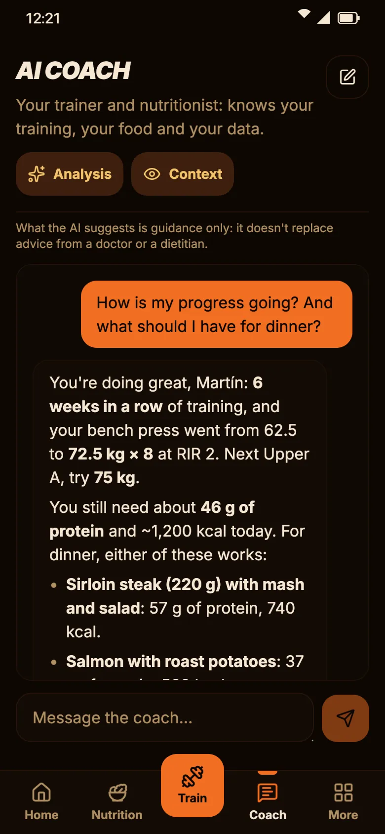 FraguaGym: the AI coach answers how much the bench press went up and what to have for dinner.